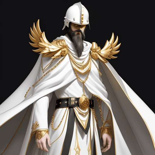 AI generated: A tall slender man with a long black beard wearing  white armor with a golden chain from the left sh...