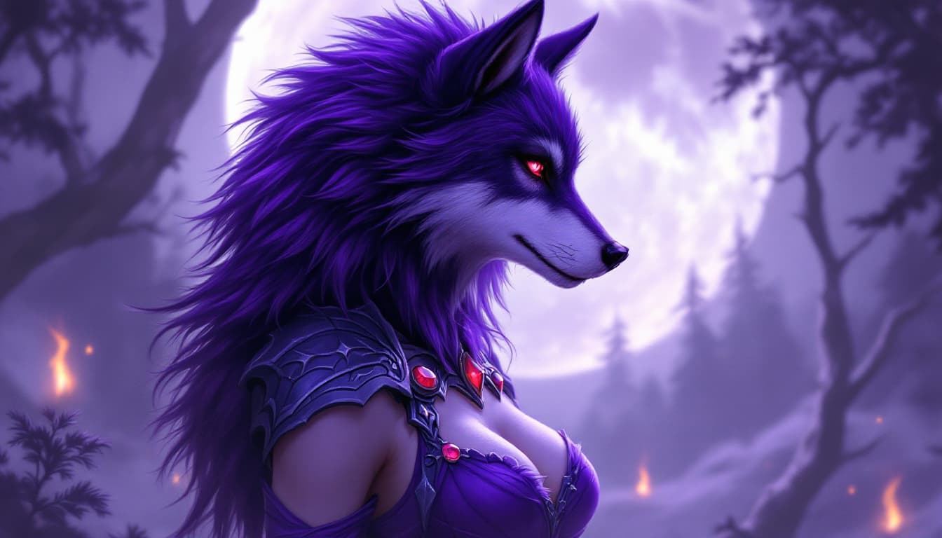AI generated: A full body digital painting of a 28 year old woman with a Purple wolf head, Purple Fur On the neck,...