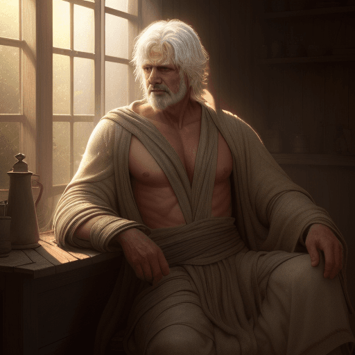 AI generated: High resolution of a man dressed in rags, and glow of sun rays on his body, cozy atmosphere; 8k, int...