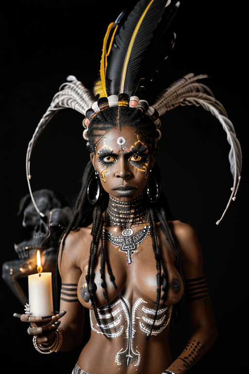 AI generated: voodoo woman, electric eyes yellowish, voodoo headdress with skulls, feathers and metal jewelry, lon...