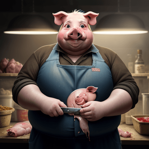 AI generated: a pig that is fat that works as a Butchers that sells humans part in the background, a creepy smile,...