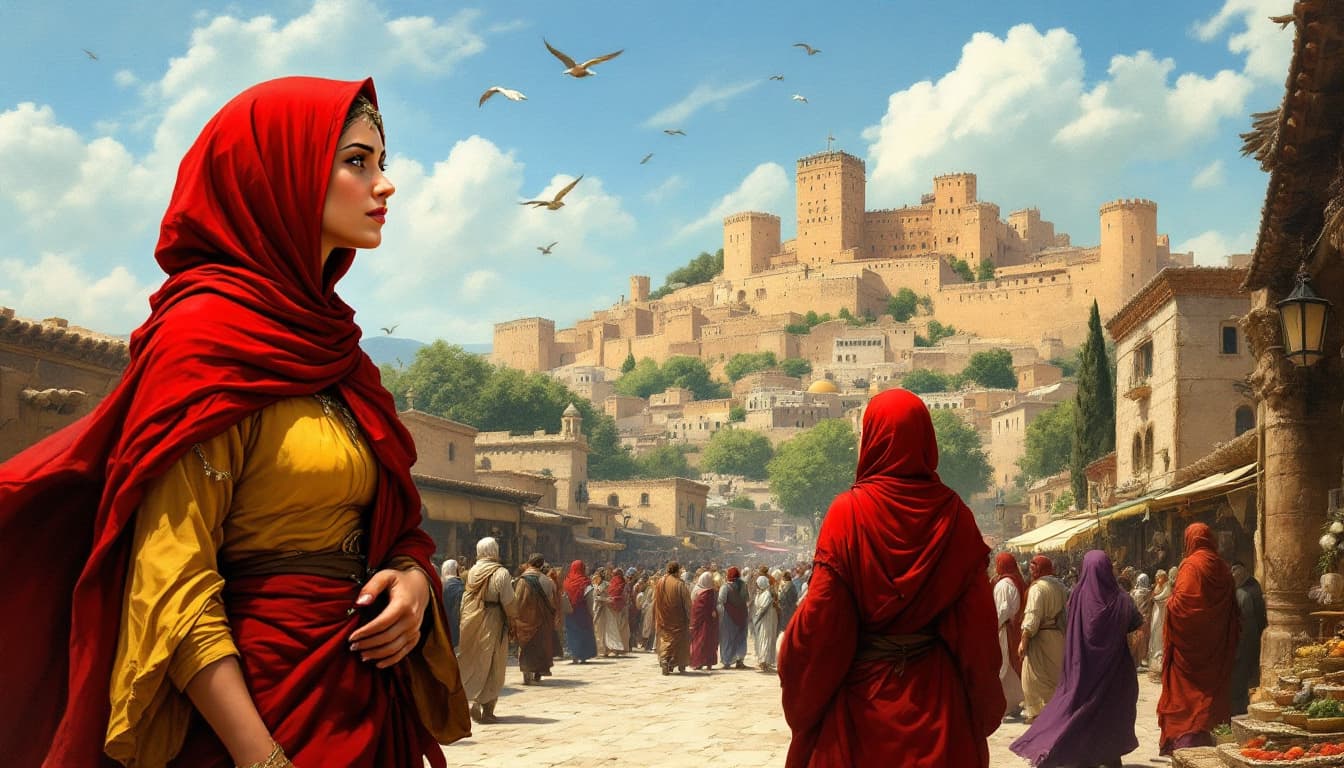 AI generated: a painting of a bustling medieval marketplace in a Middle Eastern city. The two women in the foregro...