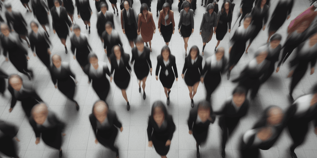 AI generated: A woman who walks fast and leaves others behind, crowded ,camera angle looking from top left