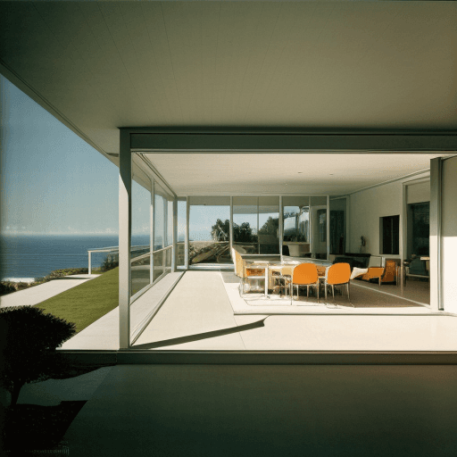 AI generated: Hyper realistic eye level exterior photo of a mid century modern style house overlooking the ocean, ...