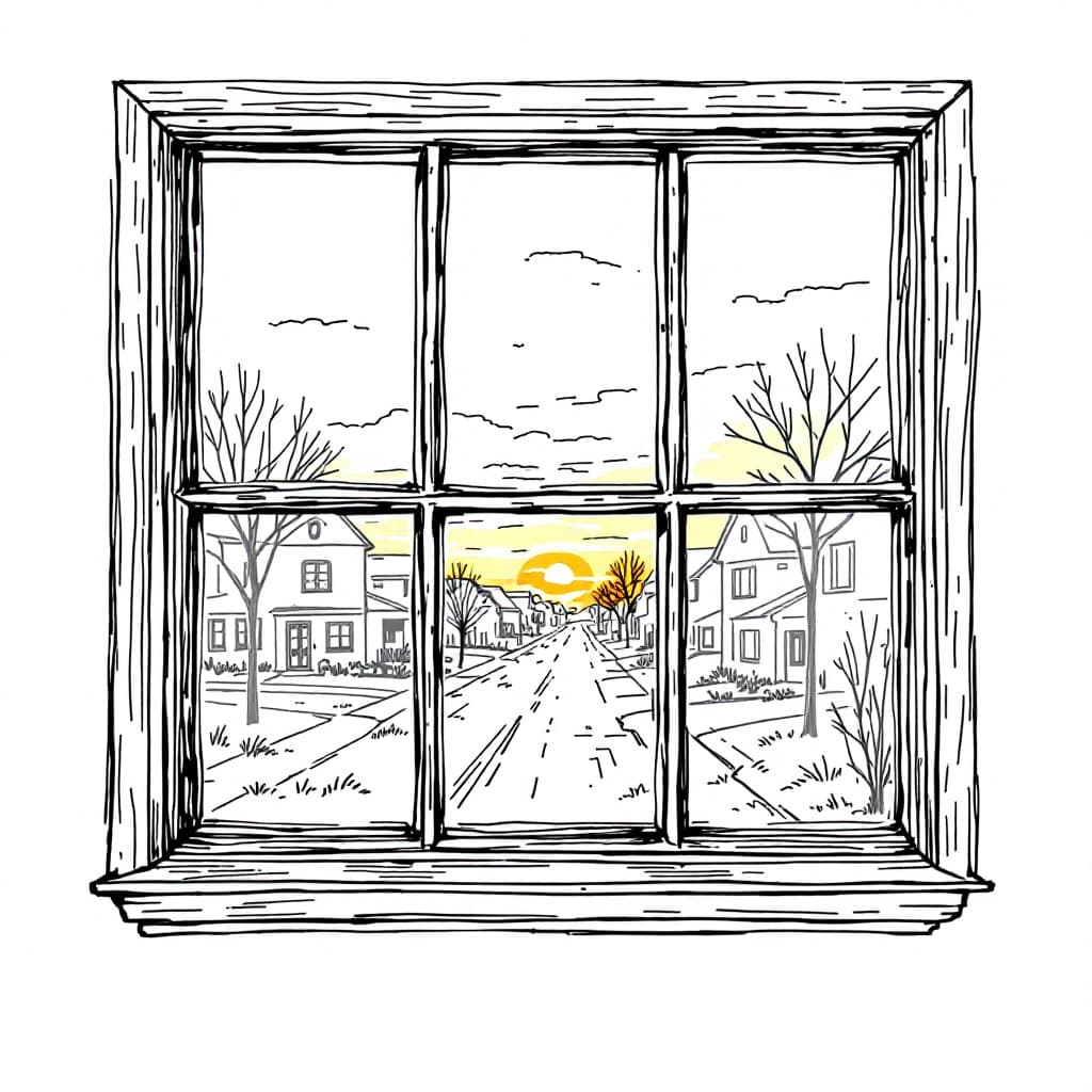 AI generated: A simple, hand-drawn sketch of a window at sunrise—soft light spilling quietly into the room. White ...