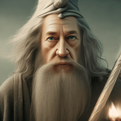 AI generated: Gandalf Gray, wise face, long almost white beard, wrinkled face, big eyebrows, long robes, hat, on a...