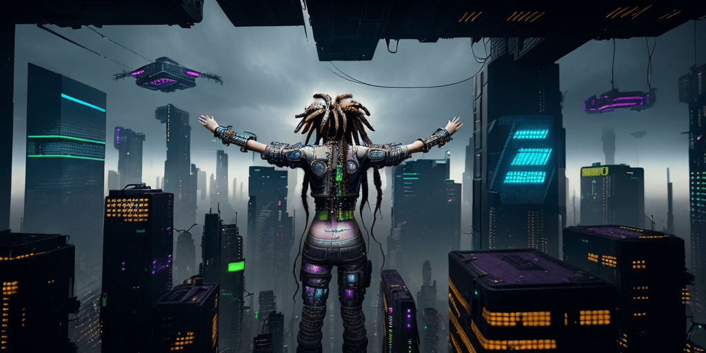 AI generated: A person with dreadlocks standing with their back to a cyberpunk city full of skyscrapers and flying...