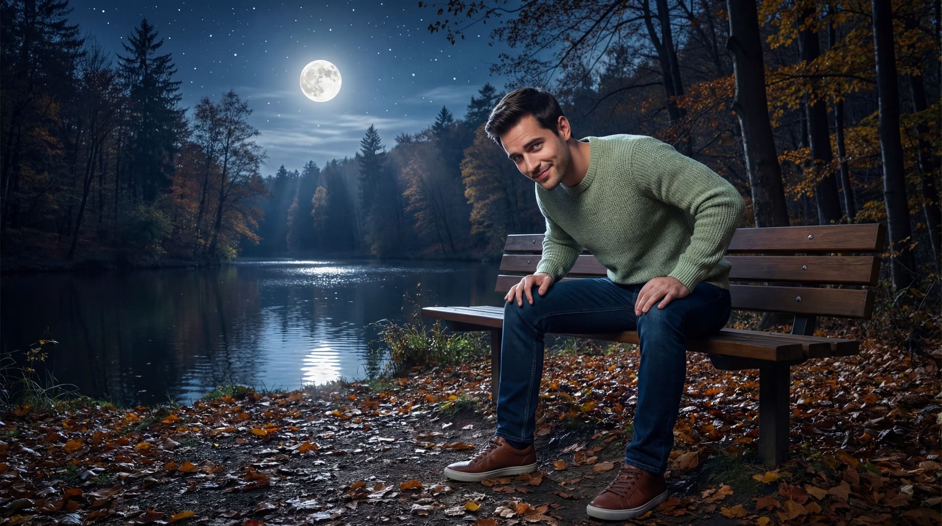 AI generated: On a Autumn night, in the middle of the woods full of trees. The moon is full and stars shine bright...