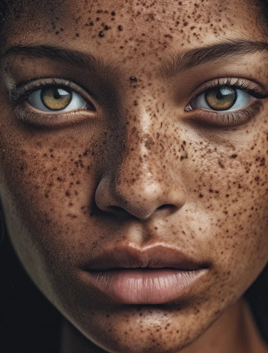 AI generated: a close up of a woman with freckles on her face, albert watson, brown skin like soil, hyperrealistic...