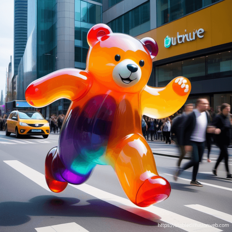 AI generated: A translucent multicoloured jelly bear running through city streets.
