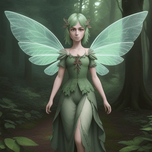AI generated: illustration of a green short fairy, whit two beautiful wings, medieval clotes, forest background, f...
