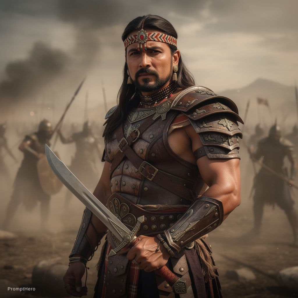 AI generated: indian male warrior from Mahabharatha, wearing etnic armor with a sword, on a battlefield, dramatic ...
