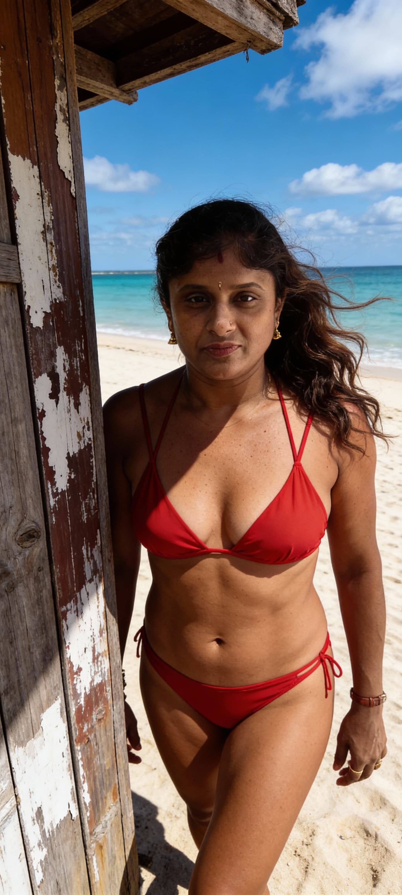 AI generated: realistic cinematic image with dark shadows and high contrast,

A fit 40yo woman standing on a sandy...