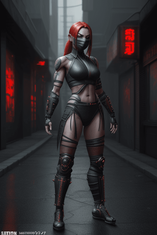AI generated: Mortal Kombat Jade, unmasked, cyberpunk, outdoor, street, Red hair, full height, hyperrealism, photo...