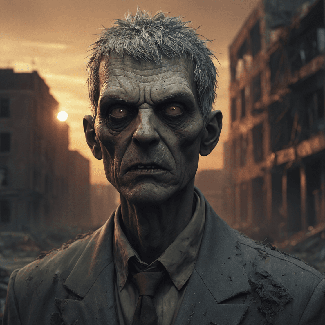 AI generated: Realistic digital art, detailed portrait of a zombie man, (grey hair), ((torn suit)), decaying featu...