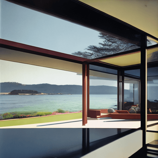 AI generated: Hyper realistic eye level exterior photo of a mid century modern style house overlooking the ocean, ...