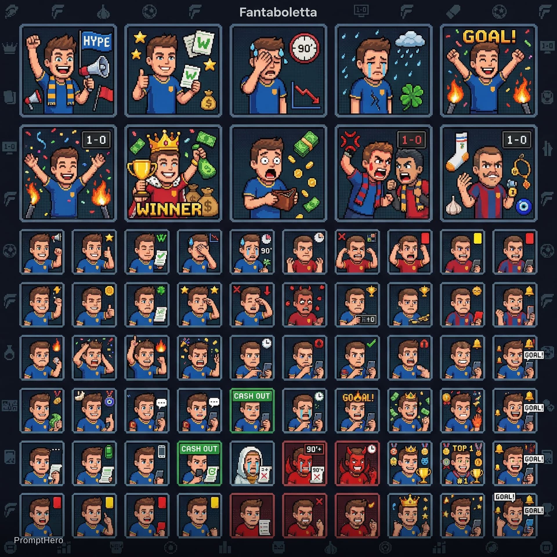 AI generated: Generate a collection of 100 original 8-bit pixel avatar characters for the app “Fantabolletta”. The...