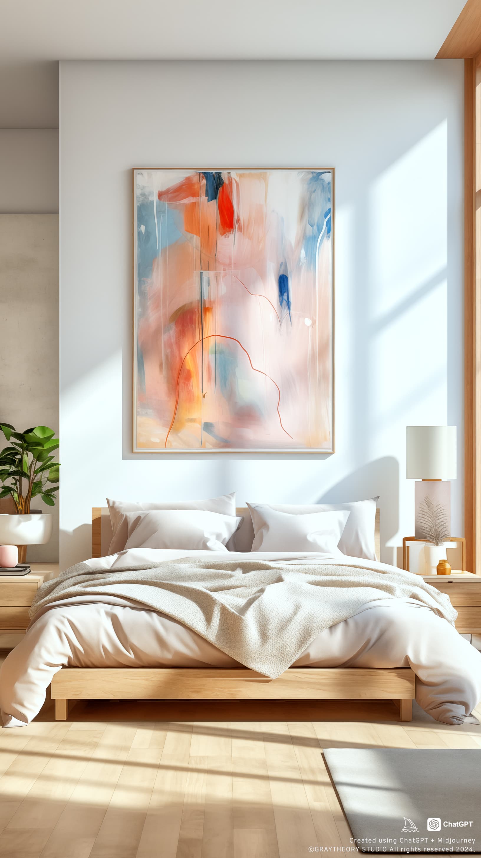 AI generated: a photo of a gorgeous minimalistic cool grey interior with cozy fabric bed, natural colors, bright i...