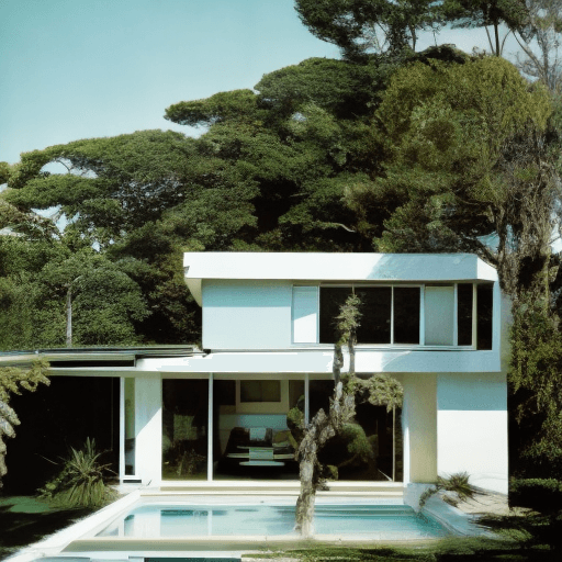 AI generated: Hyper realistic eye level exterior photo of a mid century modern style house overlooking the ocean, ...