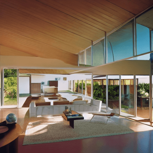 AI generated: Hyper realistic eye level exterior photo of a mid century modern style house overlooking the ocean, ...