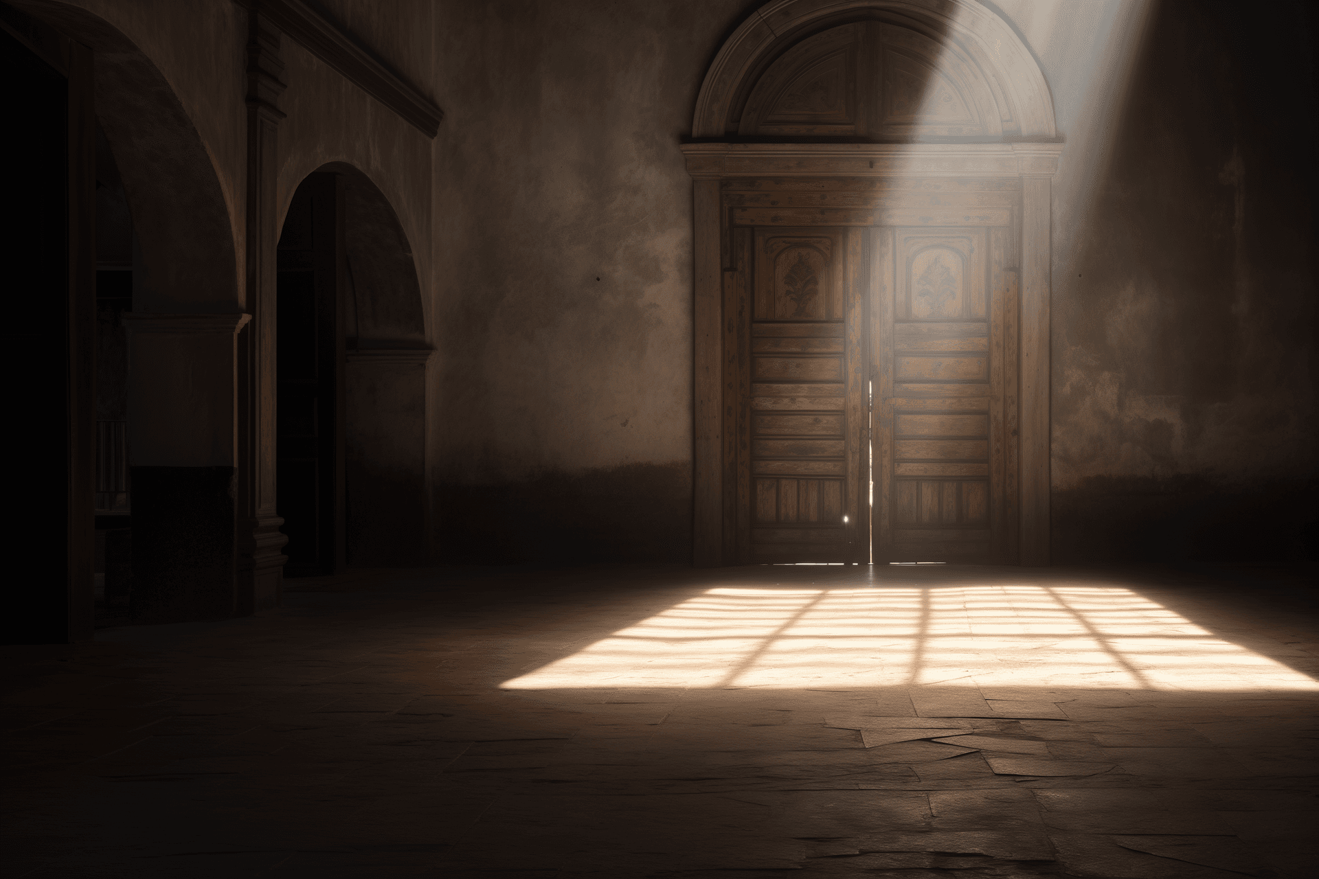 AI generated: A dark room with an open door leading to the Church of San Learno in the style of Spanish colonial, ...