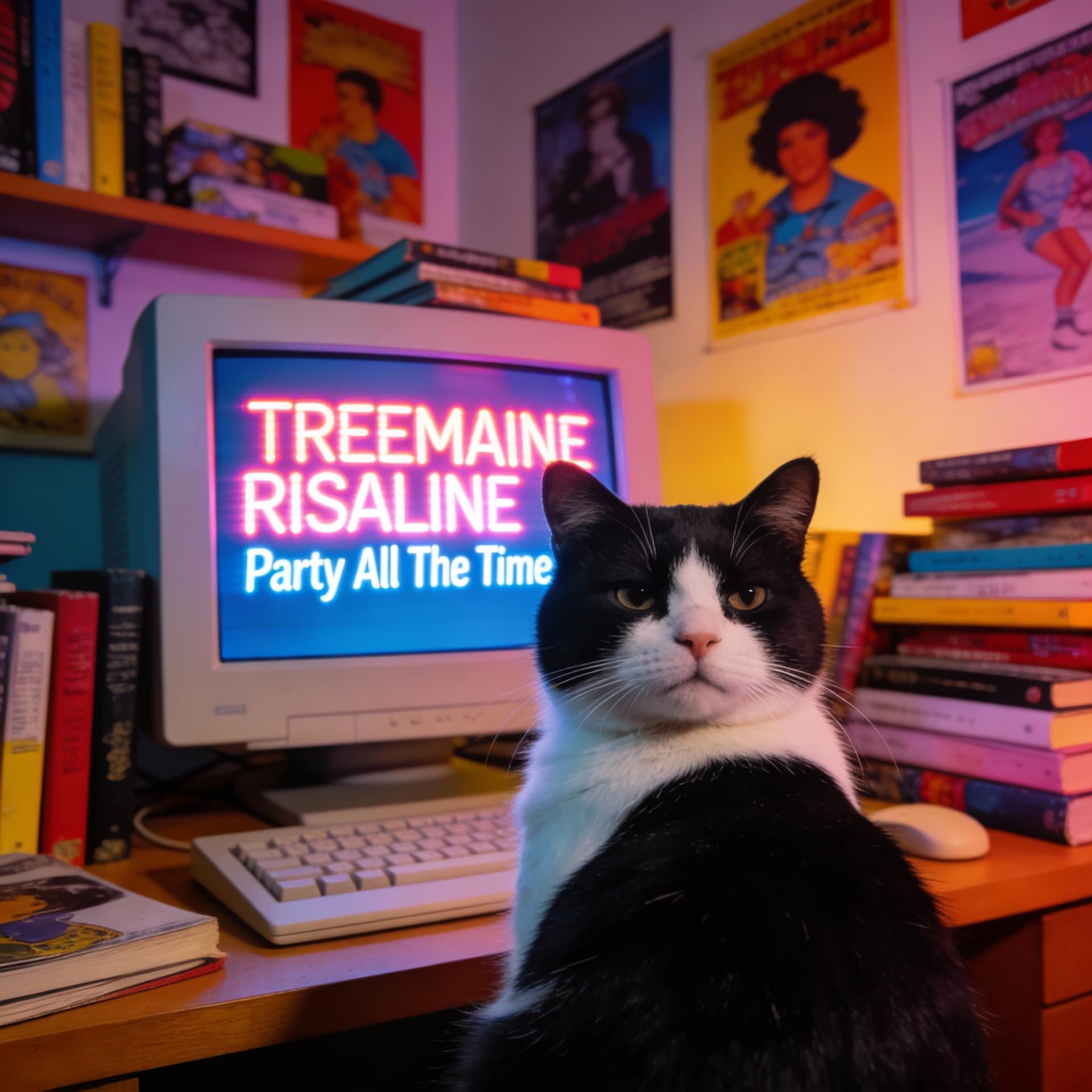 AI generated: a black and white cat with a round face and calm expression, sitting in front of a computer screen, ...