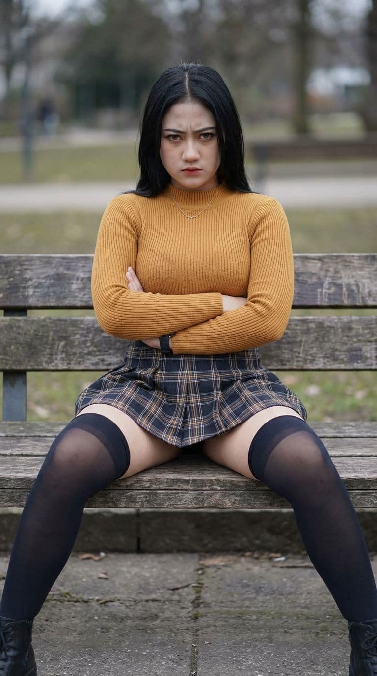 AI generated: Co-ed, 21, thicc, tight ochre sweater, tight plaid skirt. thigh-high stockings. Seated. legs spread ...