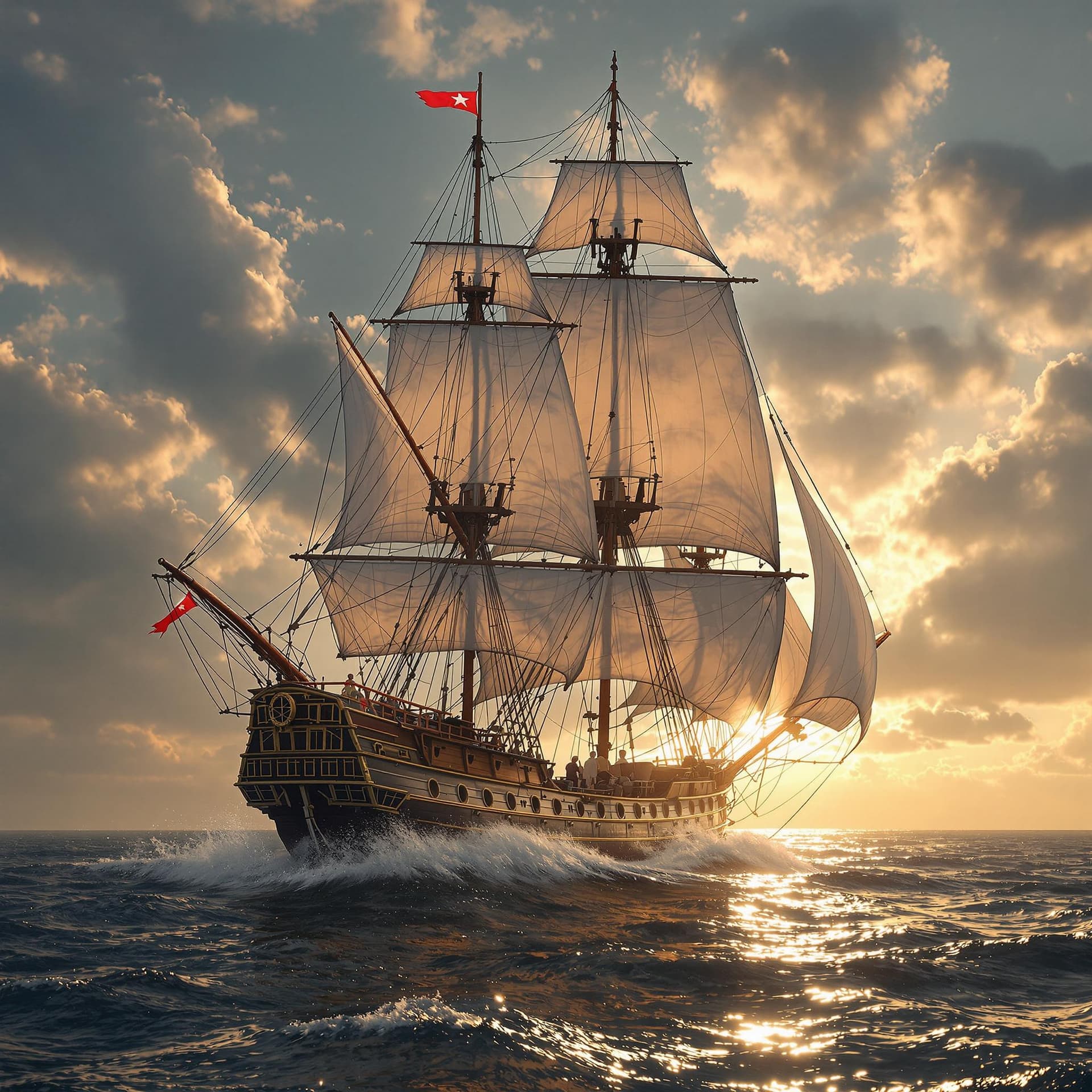 AI generated: Photo of a ultra realistic sailing ship, dramatic light, pale sunrise, cinematic lighting, battered,...