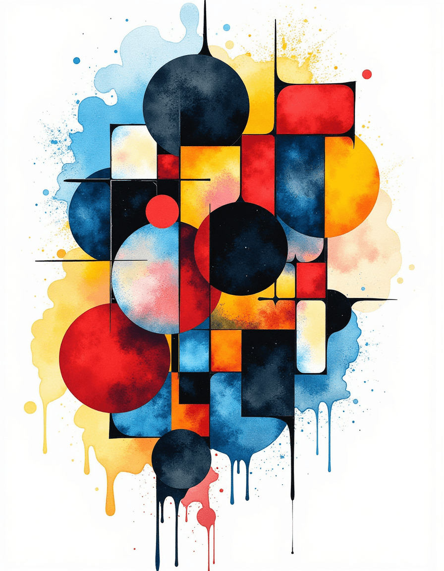 AI generated: abstract art, geometric shapes, colorful, modern style, watercolor painting, overlapping circles, sq...