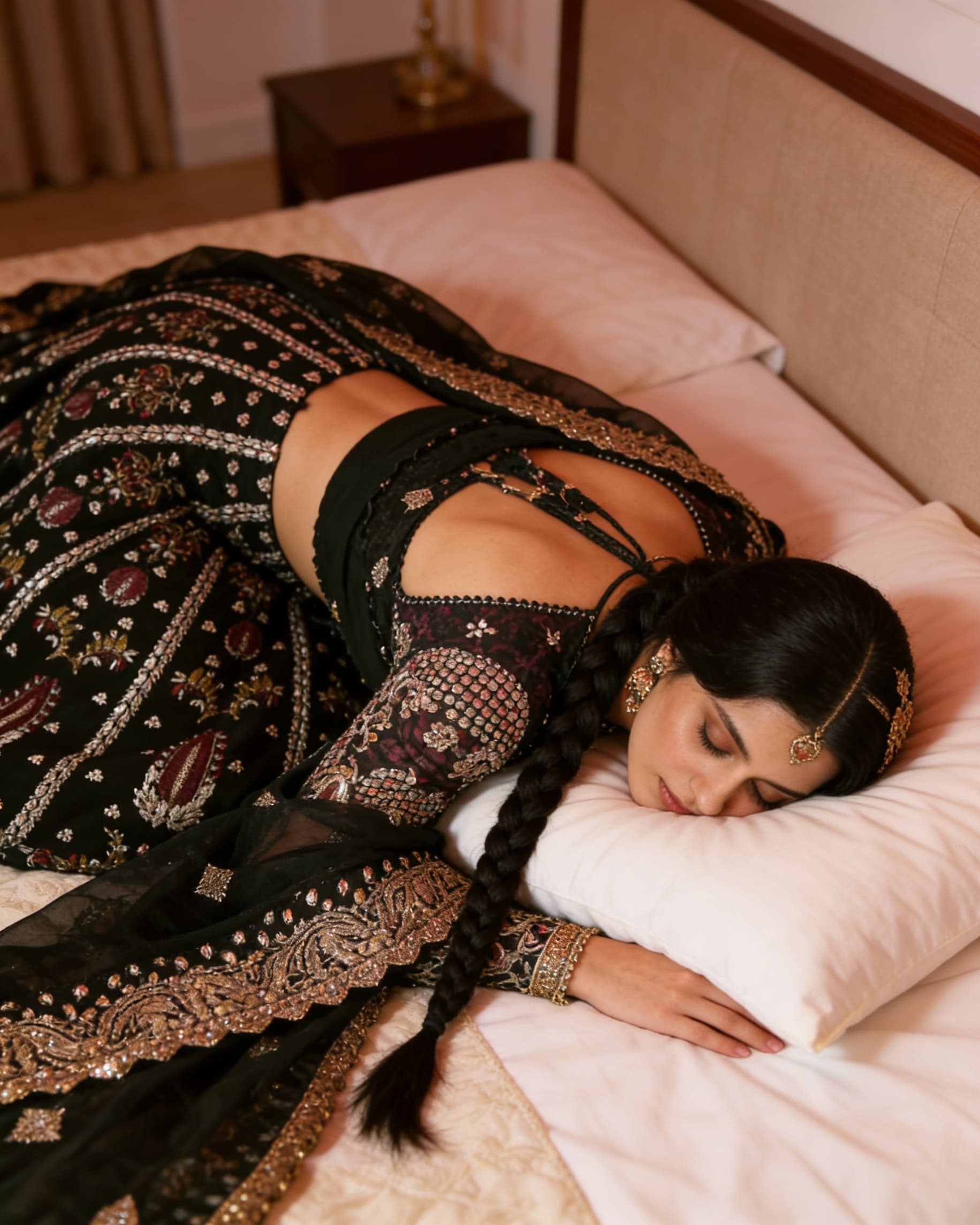 AI generated: Generate the high realistic picture as this Pakistani actress is sleeping face lying down prone posi...
