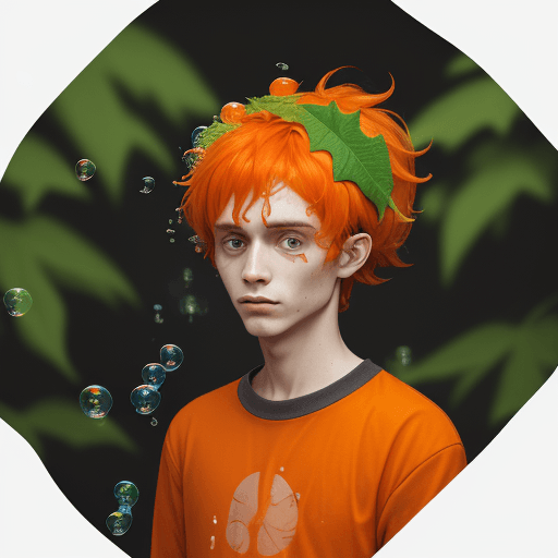 AI generated: a human with orange hairs and clothes, with bubbles on the clothes and a green leaf on the head