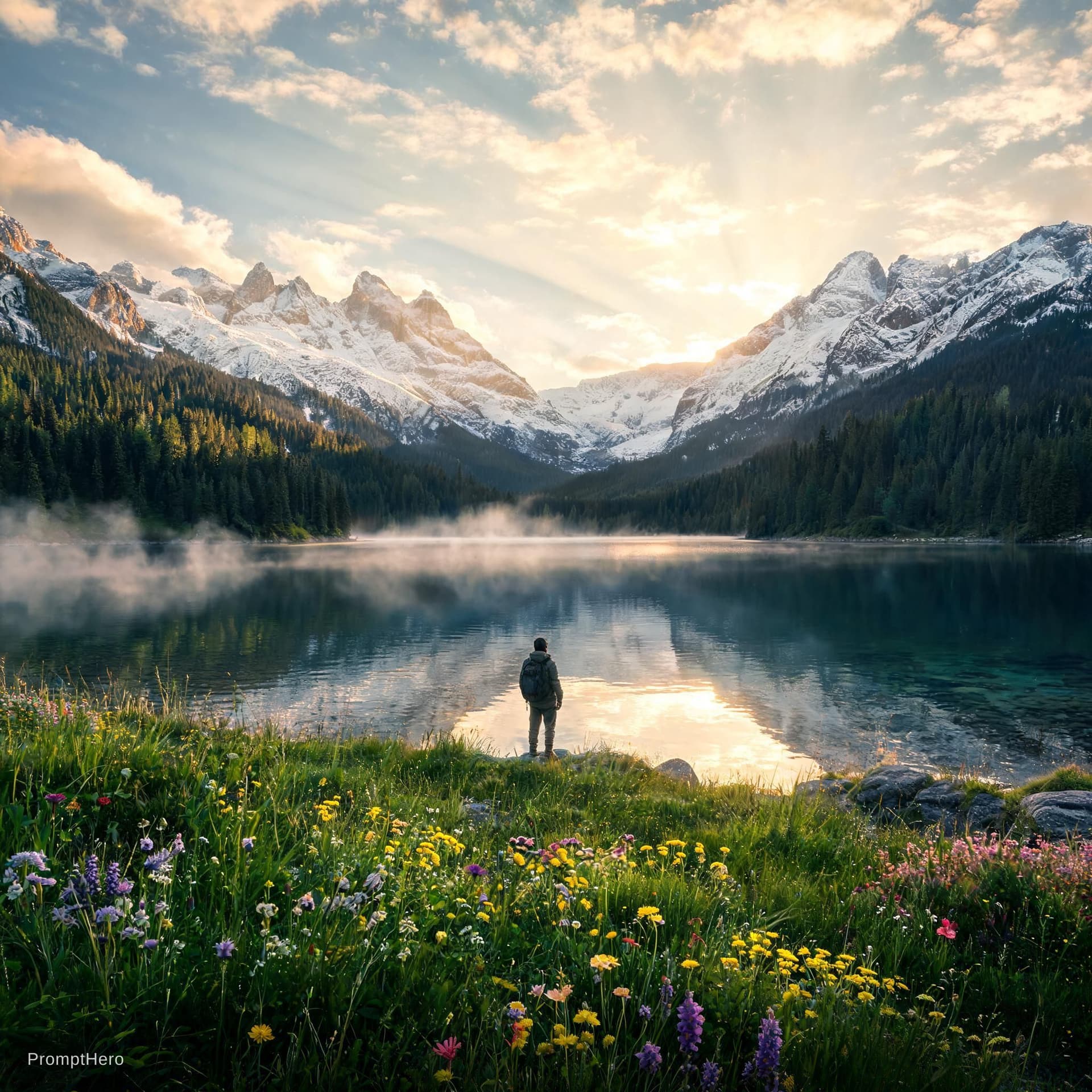 AI generated: “Cinematic wide-angle photograph of a lone traveler standing at the edge of a crystal-clear alpine l...