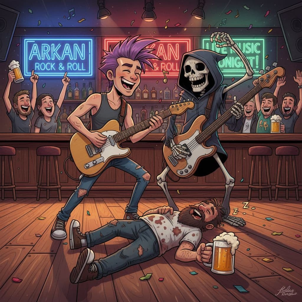 AI generated: A realistic cartoon style scene inside a lively rock pub called Arkaan: a person happily playing a T...