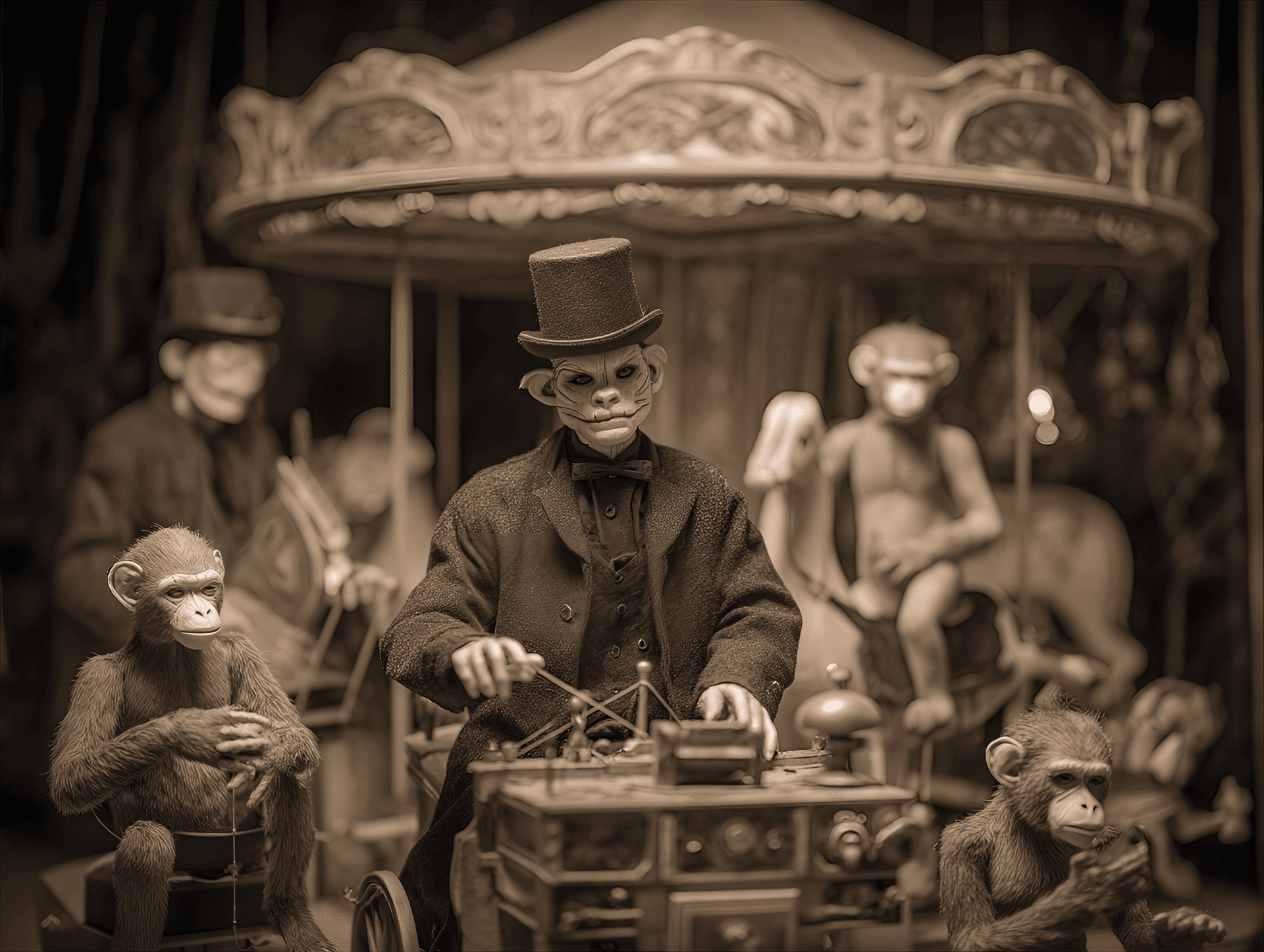 AI generated: Old  carnival set in the 1920s, phantom organ grinder with spectral monkeys, sepia tones