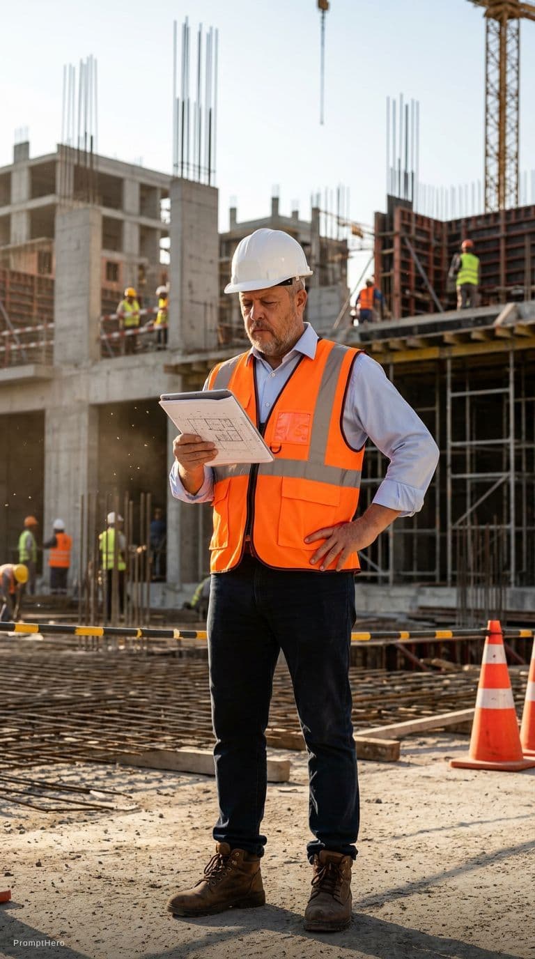 AI generated: A professional site engineer is standing at an active construction site during a routine site visit....