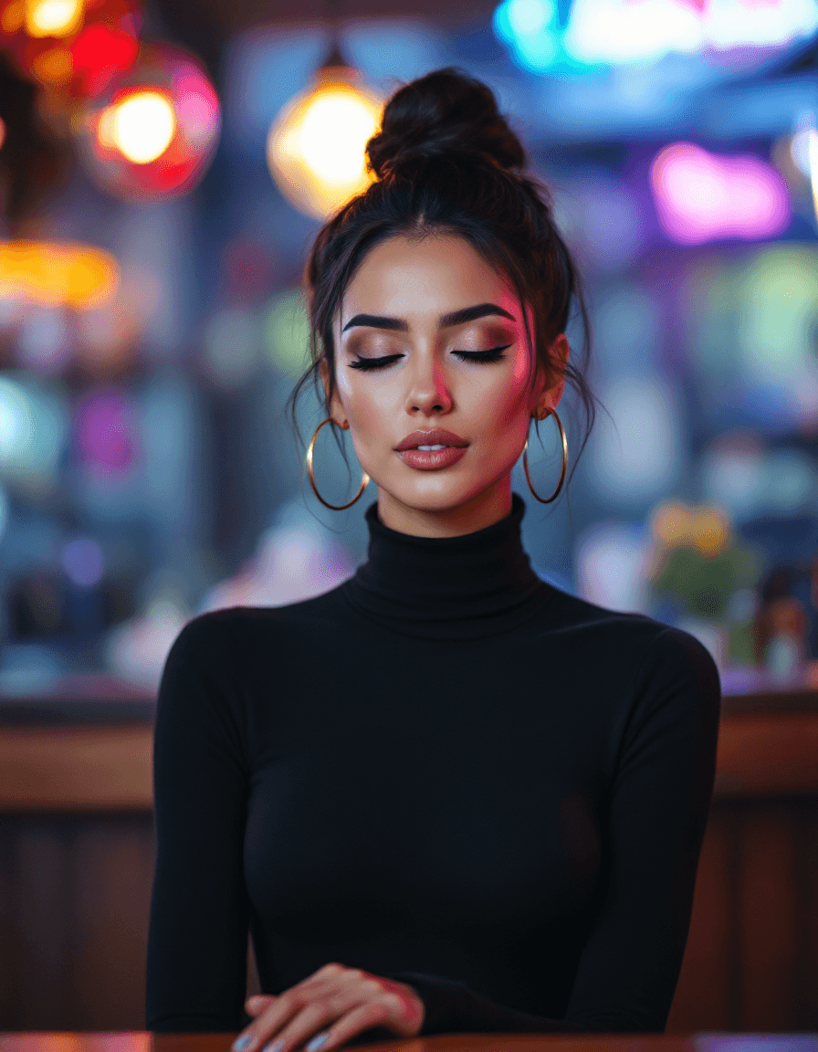 AI generated: Hyper-realistic photo, frontal view, of a gorgeous brunette woman, Hispanic, high bun dark hair, Gol...