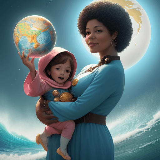 AI generated: mother and child in the style of Joe Gardner's character from the cartoon "Soul", dressed in a trave...