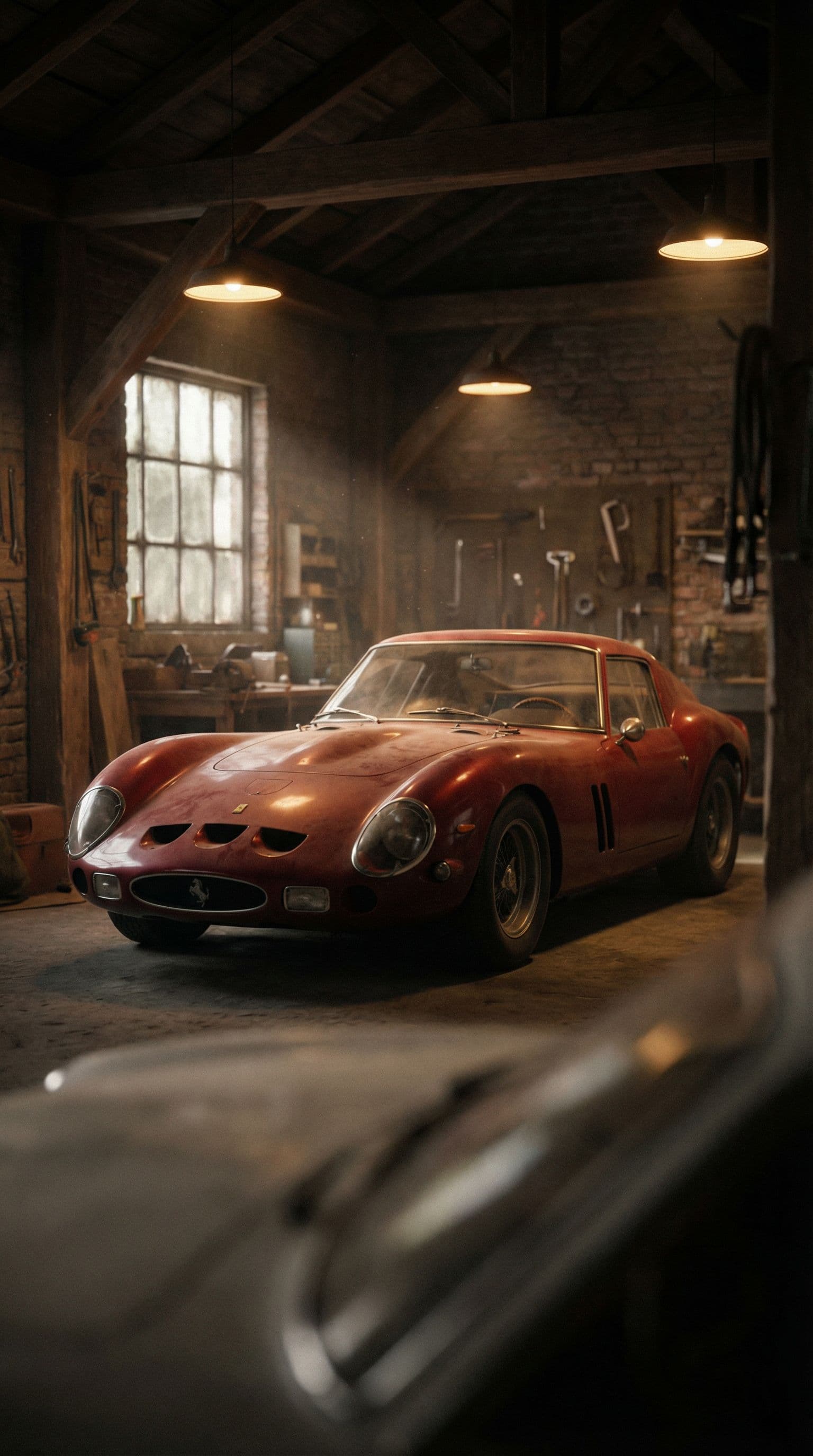 AI generated: A Ferrari sports car parked inside a dimly lit vintage garage, soft dust floating in the air, warm t...