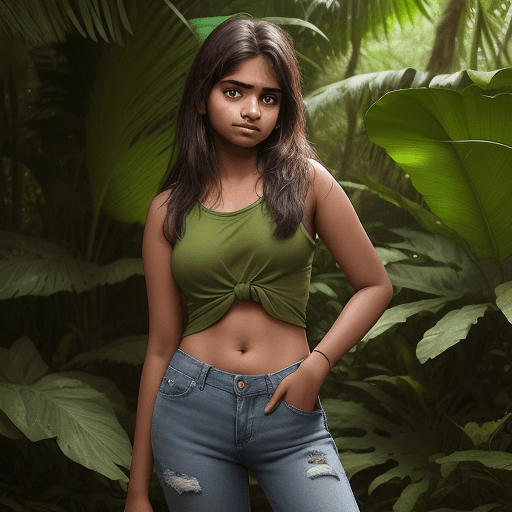 AI generated: A 17 year old Indian girl is posing in a natural trail in a jungle , she is wearing a loose green ta...