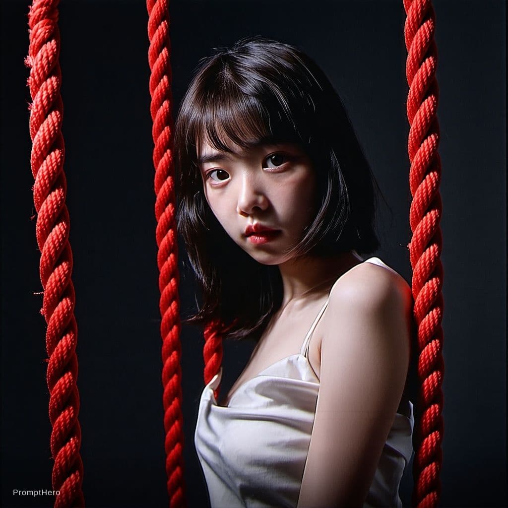 AI generated: a girl tied up in red rope, somber looking, complex lighting, analog, filmgrain, analog camera, stud...