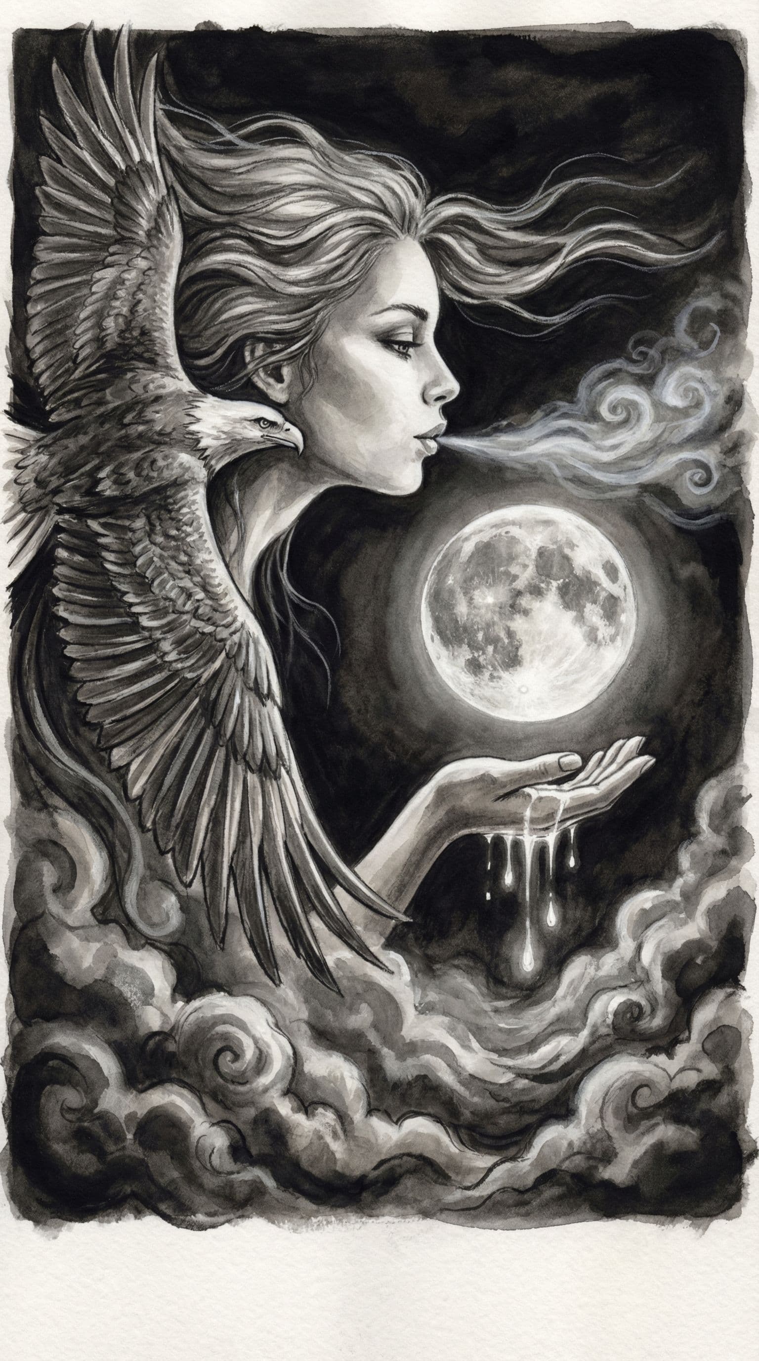 AI generated: A monochromatic painting depicts a celestial scene. A fair-skinned woman, seemingly in her late twen...