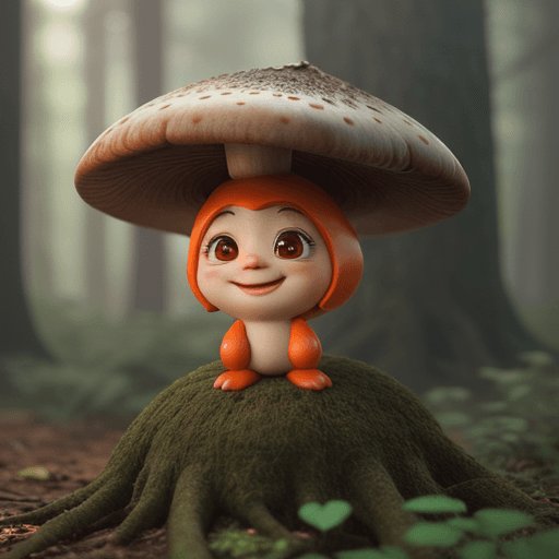 AI generated: cute little character like mushroom in forest, happy and smiling, big cute eyes, ambient light cinem...