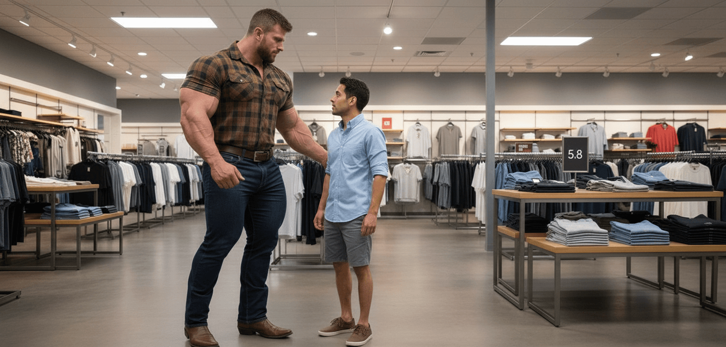 AI generated: The bodybuilder has his arm around the Hispanic male's back. Both are looking at each other.