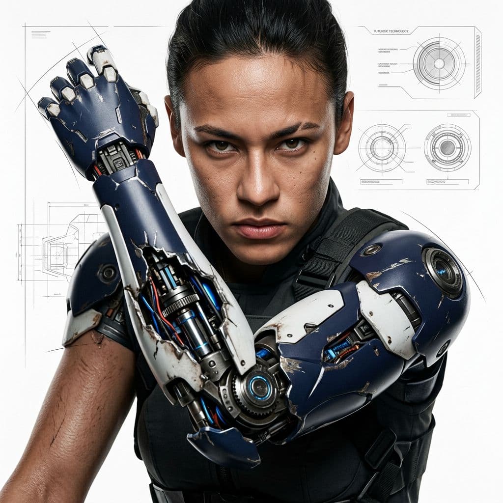 AI generated: Ultra-detailed cinematic portrait of a Hong Kong female cyborg that looks like Neymar , navy and whi...