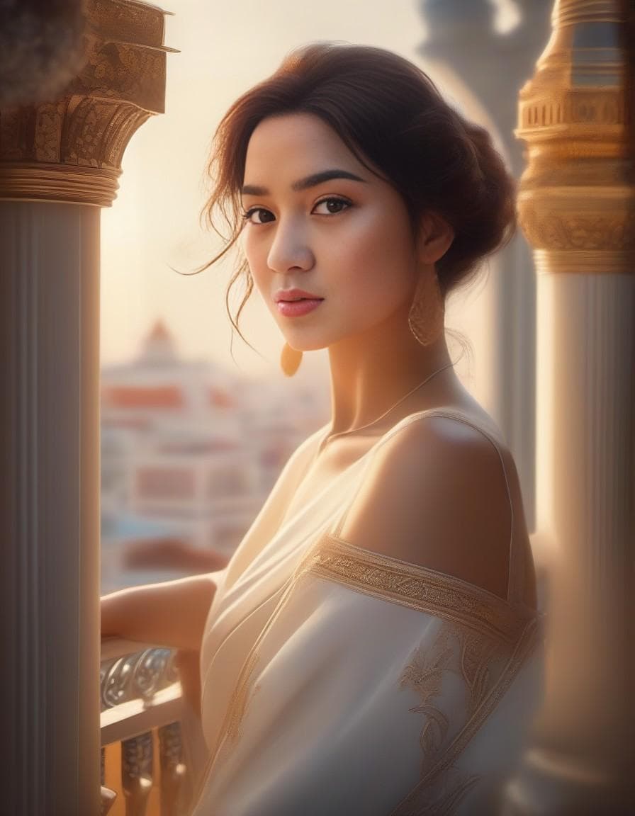 AI generated: mdjrny-v4 style photograph of a woman, standing on a balcony, stunning environment, ultra realistic,...