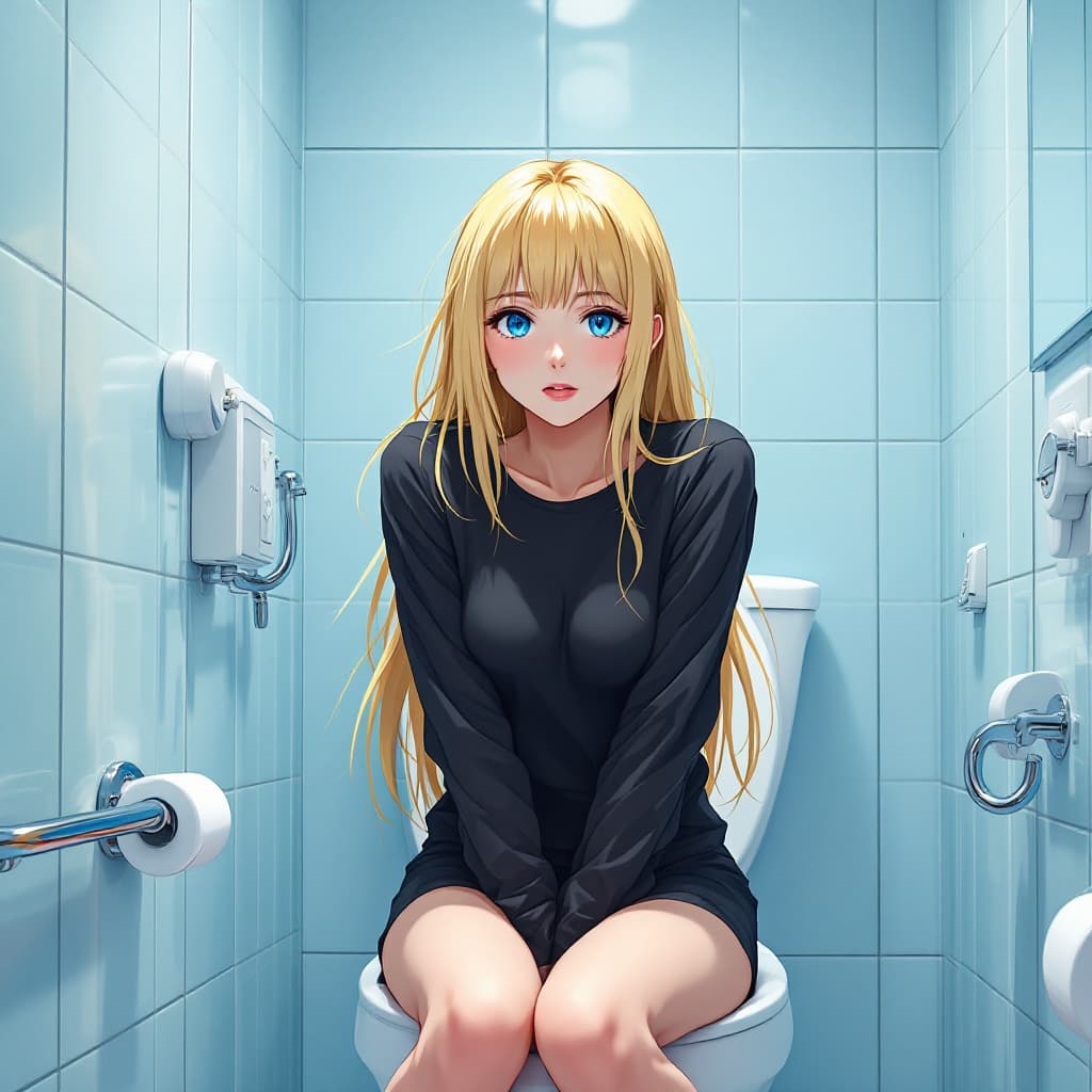 AI generated: anime woman pees in the bathroom, blonde 25 years old, white skin, blue eyes