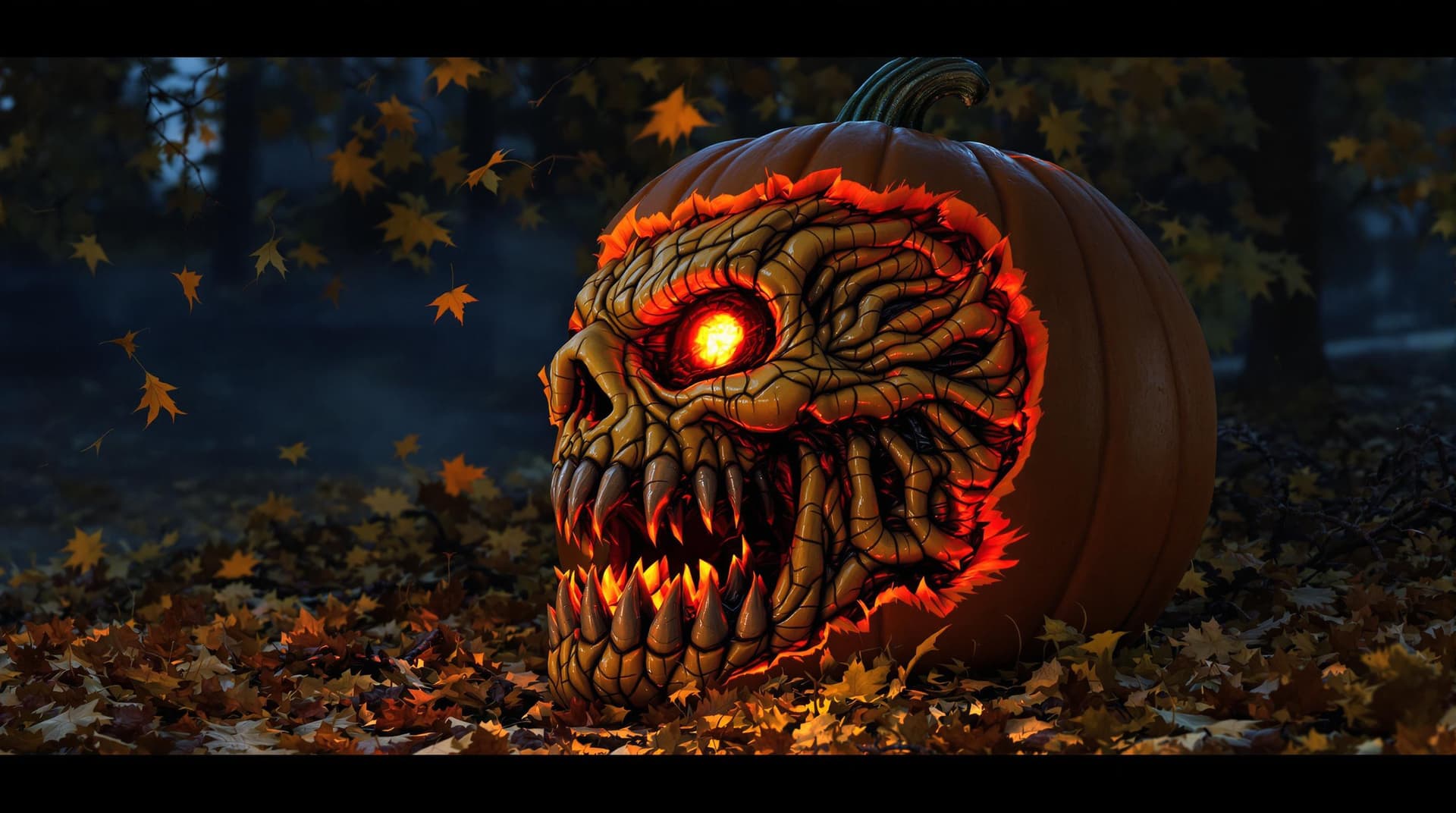 AI generated: Concept art, mid shot, intricate detail. A spooky Halloween night scene with a drastic 2/3 face angl...