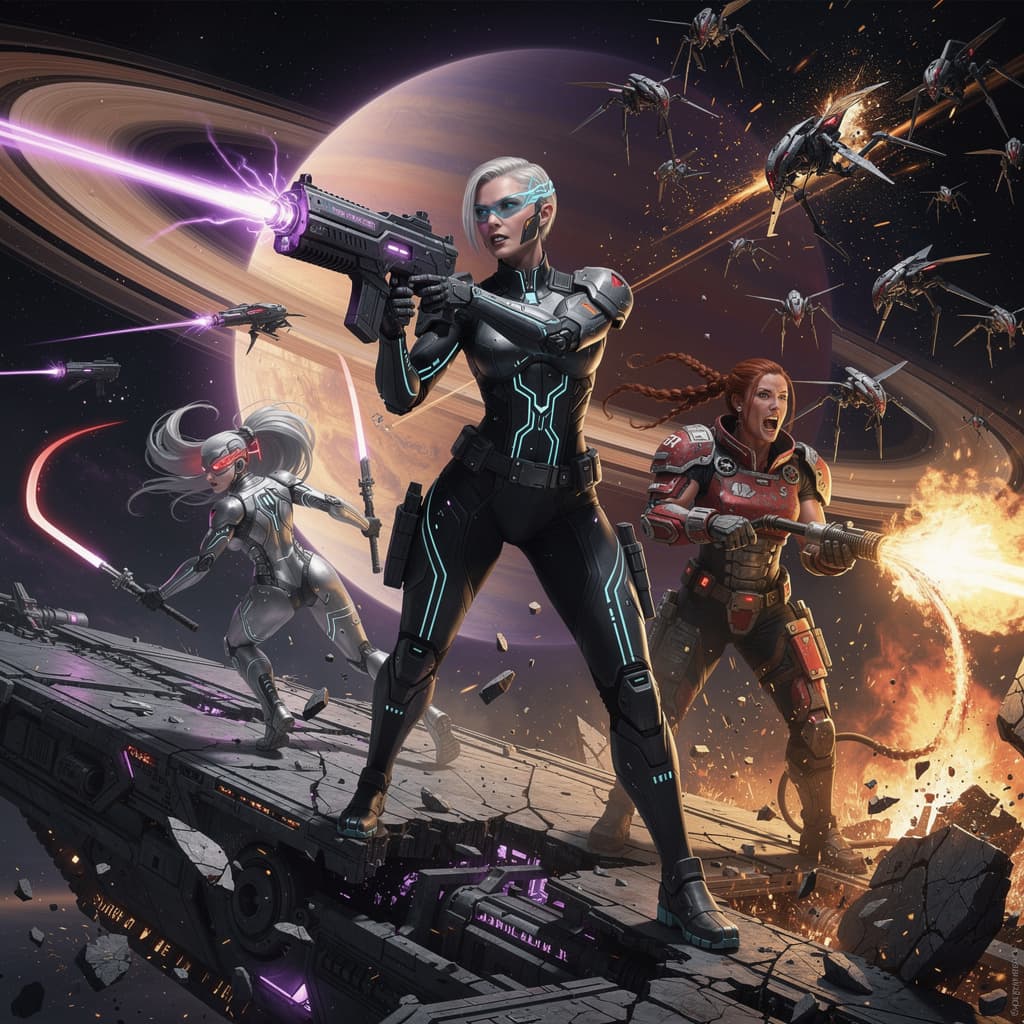 AI generated: A stunningly beautiful and fierce female space marine heroine with sharp angular features, piercing ...