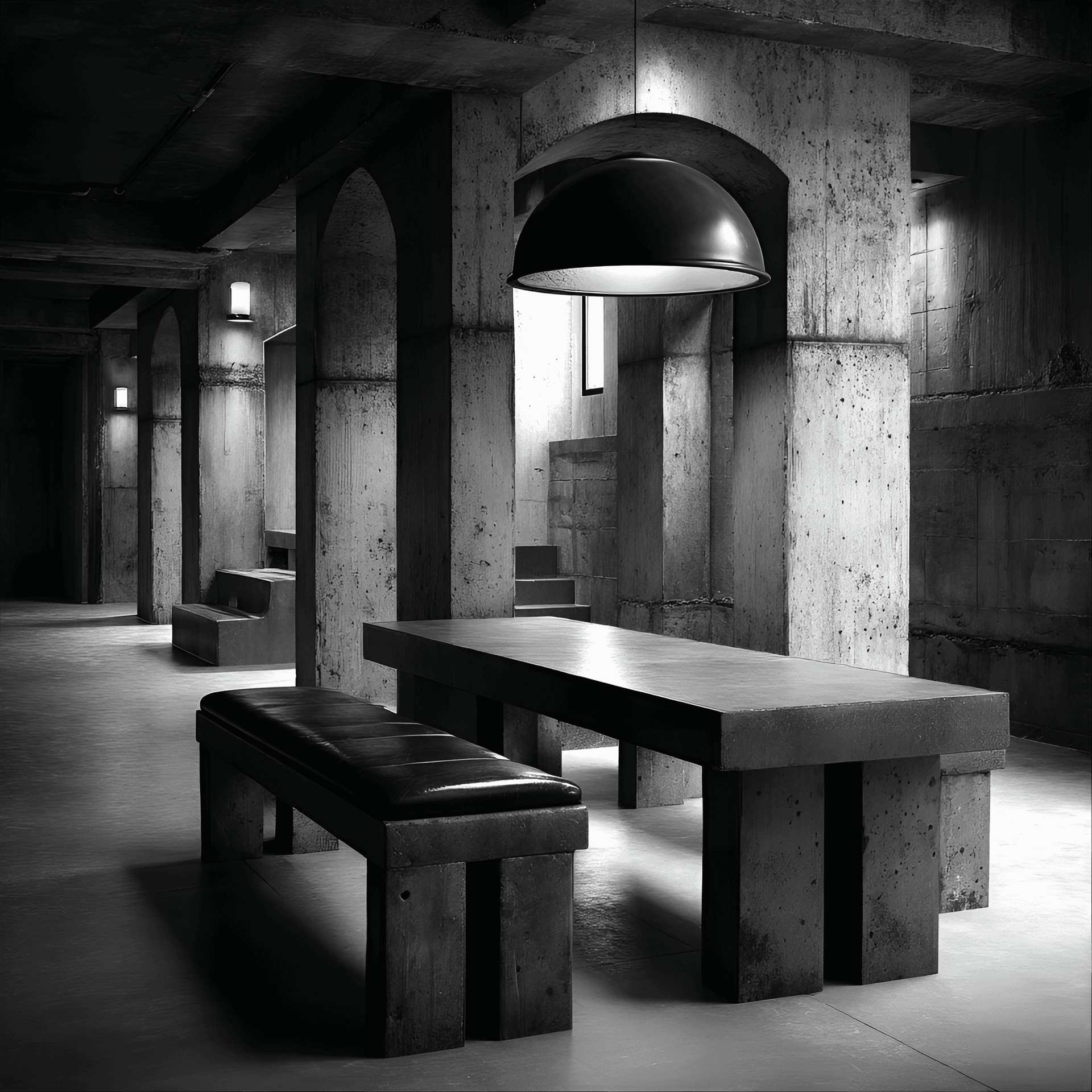 AI generated: photography, brutalist functional style, interior design of a modern space with raw concrete, functi...