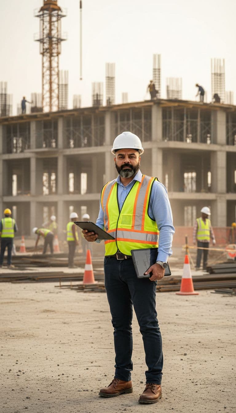 AI generated: A professional site engineer is standing at an active construction site during a routine site visit....